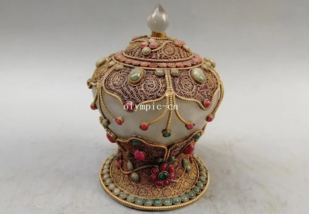 

7'' Nepal tibet Silver gold filigree green red gemstone buddhism jar cup vase