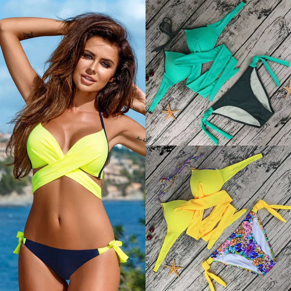 Женская сексуальная пляжная одежда с крестиком и цветочным принтом купальники