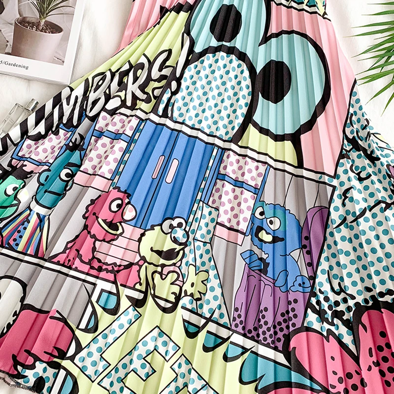 Trytree/Женская гофрирующая юбка на лето и осень с рисунком до середины икры