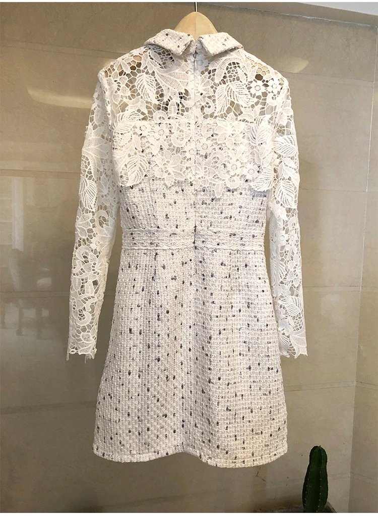 Весна, новинка, женское элегантное твидовое платье с кружевами, Vestidos, Дамское милое мини платье с длинным рукавом, украшенное бриллиантами и бантом