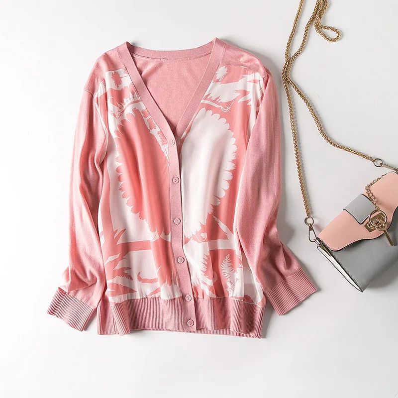 Новый Ветер кокосовые деревья печатных шелк вязание v шеи маленький кардиган |