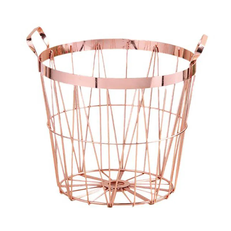 Розовая Золотая круглая железная корзина для хранения с ручками кухни ванной