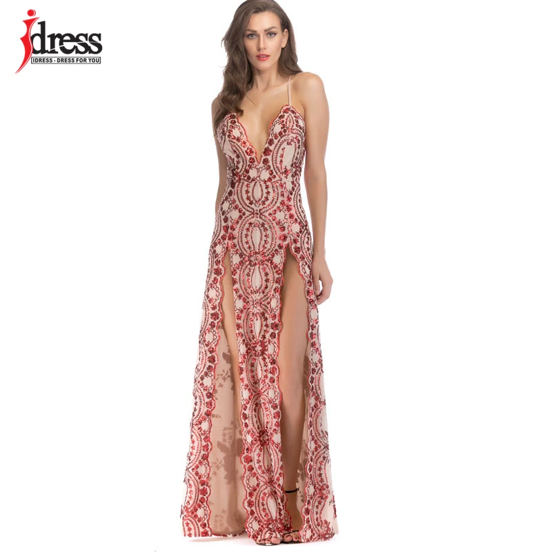 Женское вечернее платье макси IDress длинное роскошное на тонких бретельках с v