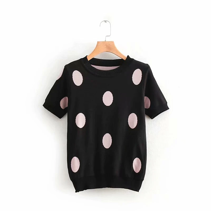 LUNDUNSHIJIA High Quality Short Sleeve Knitting Sweaters For Women 2019 Autumn Slim Pullover Top Circle Dots Female Sweater | Женская