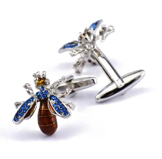 10 парт/лот эмалевые кристаллы 3D пчела запонки латунь синий/белый Стразы рубашка