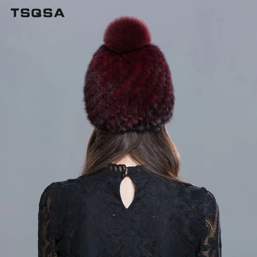 TSQSA Натуральный Енот Норки Шапки Мех Шляпа для Женщин Зима Лиса Меховые Помпоны