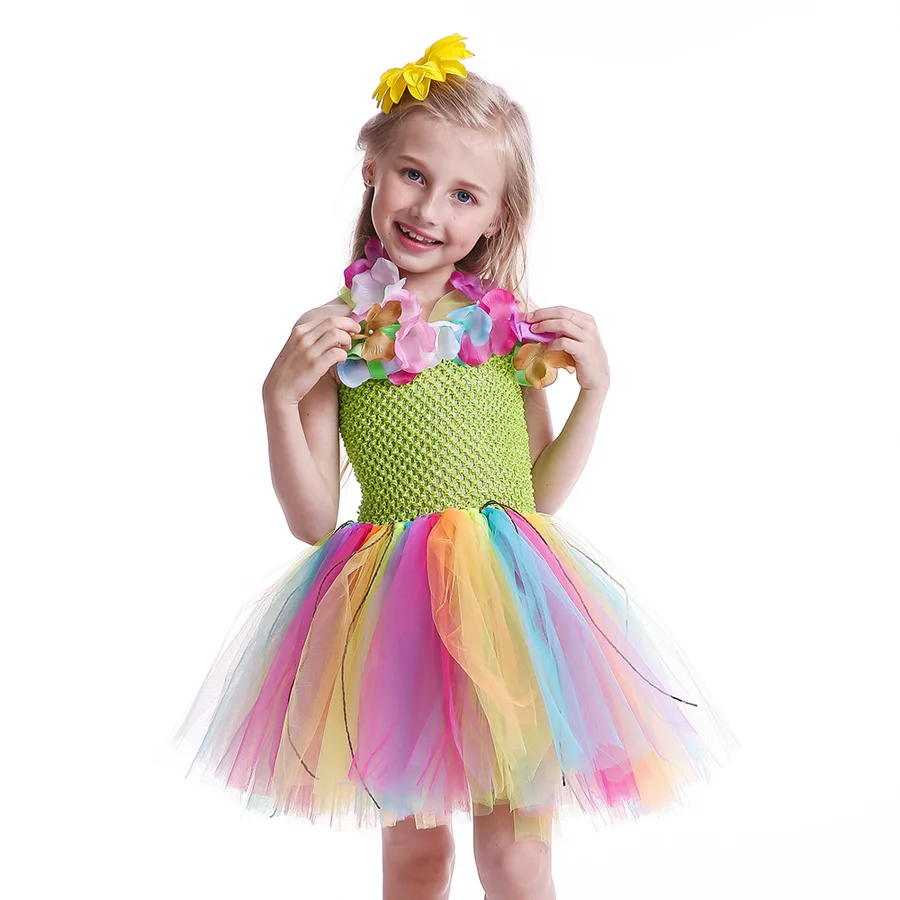 Платье-пачка цвета радуги для девочек с цветком и ожерельем детский праздничный