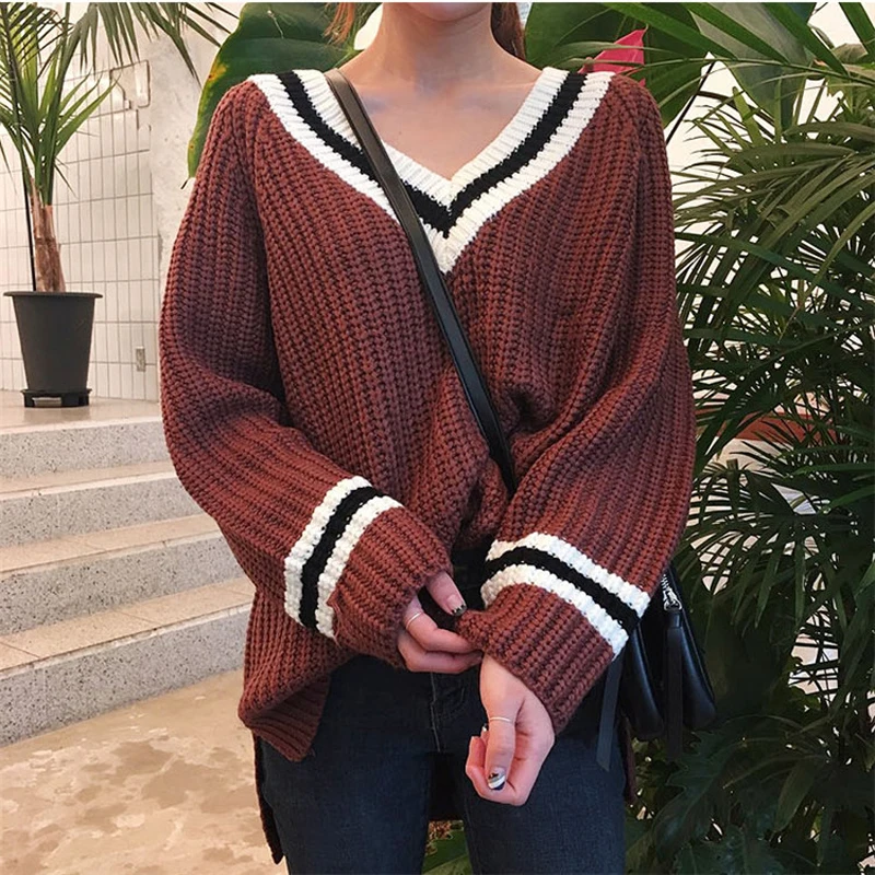 Winter women Retro Leisure Thick needle loose Hit color V-neck long sleeve Pullovers knitted sweater for girls  Женская