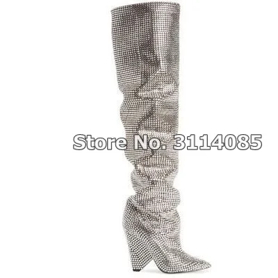 pure silver as pic Женские брендовые сверкающие свадебные туфли; Изысканные Серебристые модельные сапоги с кристаллами; сапоги до колена; шикарные ботинки на шпильке; сезон осень-зима - Цвет: pure silver as pic