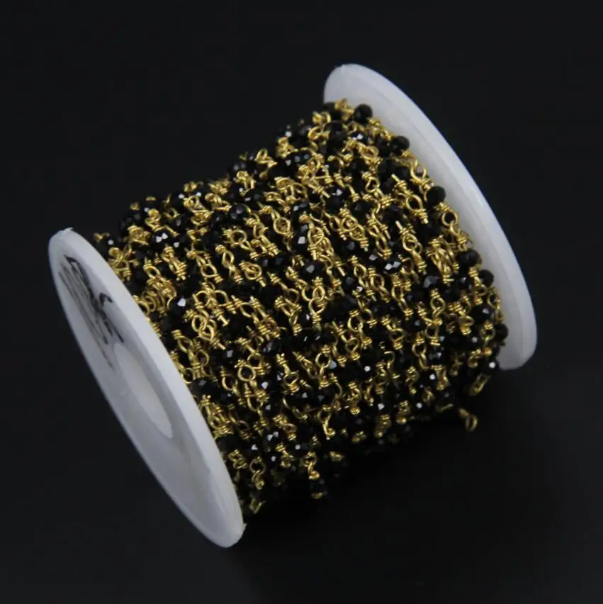 Tiny Beads Black Glass Quartz Faceted Rondelle Beaded Chain Jewelry Plated Gold Wire Wrapped Link Craft Necklace Supply 2x3mm | Украшения и