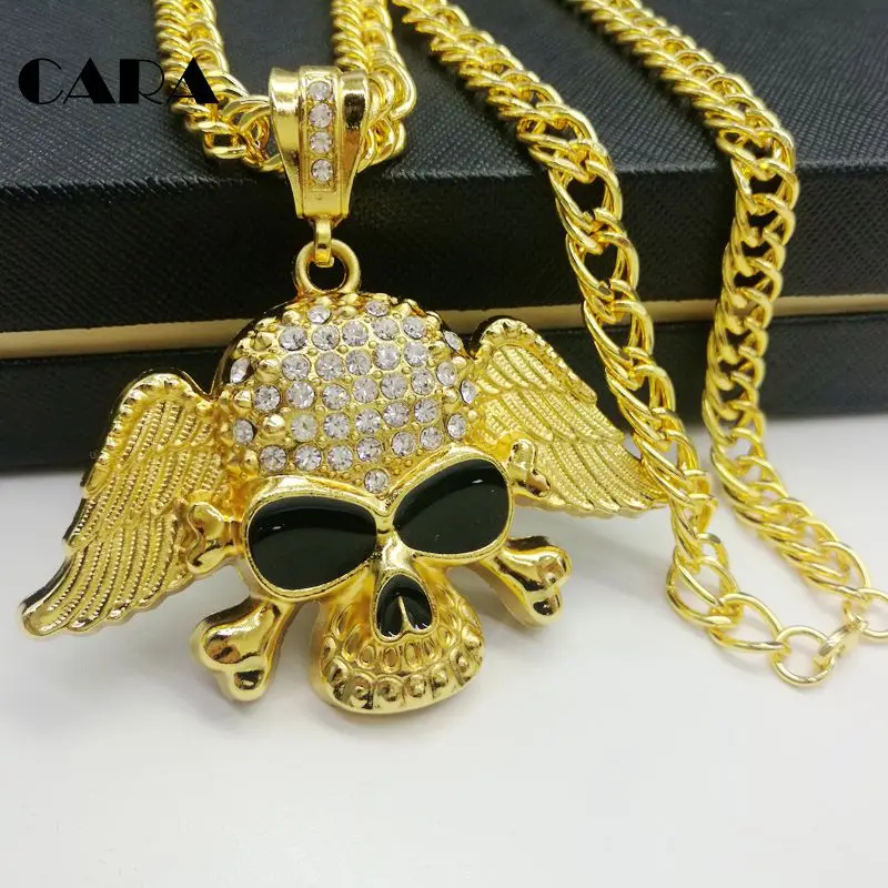 CARA новинка шикарные Стразы пиратский череп крылья кулон и ожерелье золотой цвет