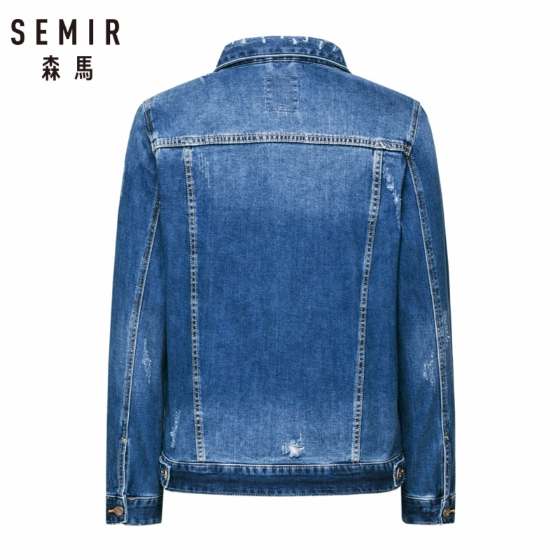 SEMIR Мужская джинсовая куртка из 100% хлопка с разрушением промытая воротником