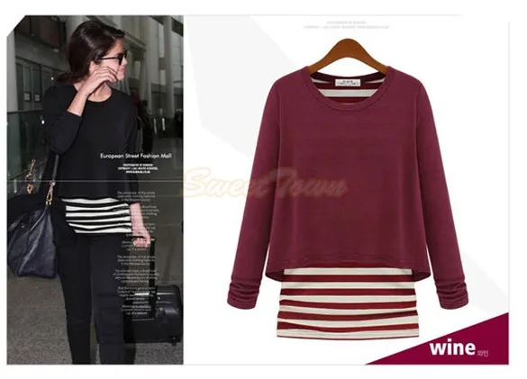 Celeb Style Long Sleeve Striped Cotton Tops False Two Piece T-Shirts Casual Tee 35 | Женская одежда