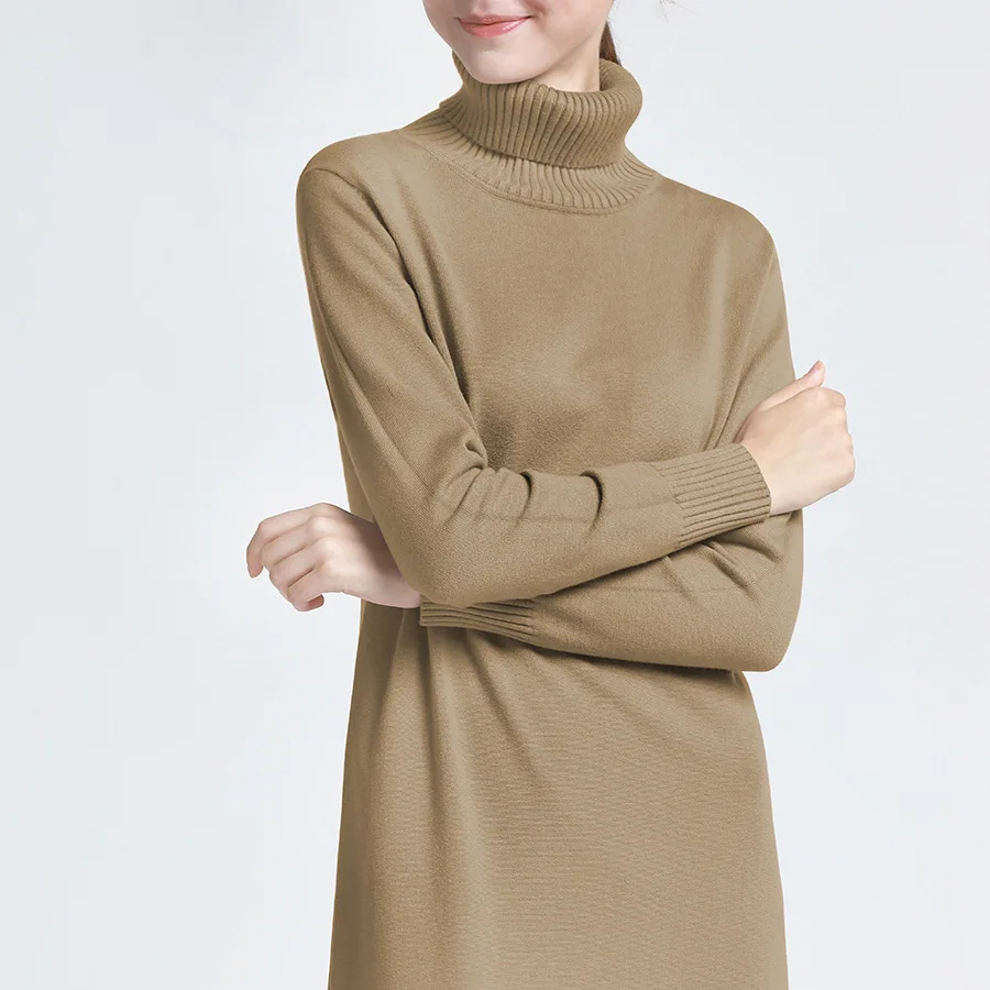 Shuchan, трикотажное платье с высоким воротом, зима-осень, 50% шерсть+ 25% хлопок+ 10% кашемир+ 10% модал+ 5% спандекс, теплые платья высокого качества