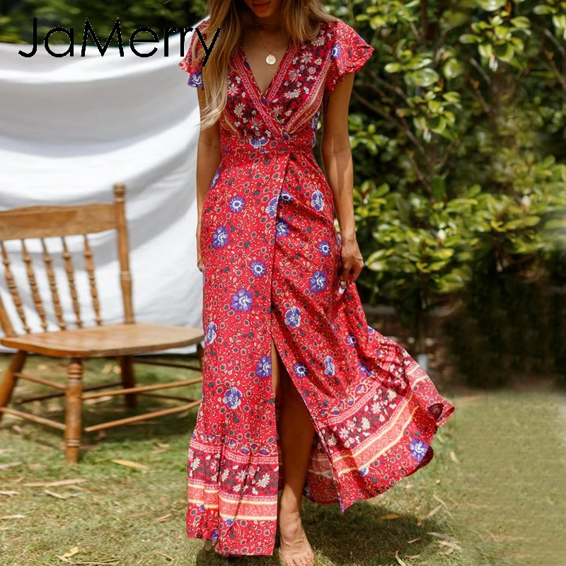 Red Print JaMerry Boho винтажное длинное платье макси с цветочным принтом, рукав с рюшами, сексуальные платья, богемное платье для отдыха на пляже, платье vestidos - Цвет: Red Print