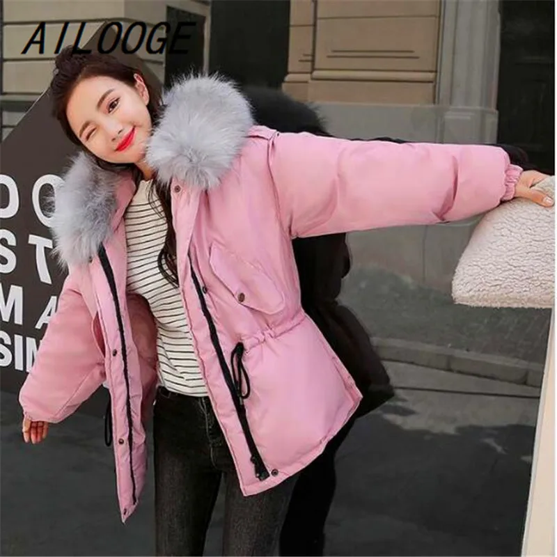 

AILOGGE Black Faux fur collar short parkas down cotton jacket Winter Jacket Women thick Snow Wear Coat Lady Clothing Female
