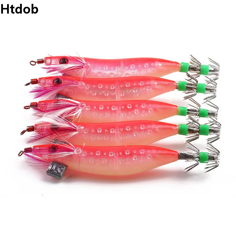 

Htdob 5PCS 10cm 9g 3D eyes squid hook 5 colors luminous squid jigs artificial wood shrimp octopus fishing lures