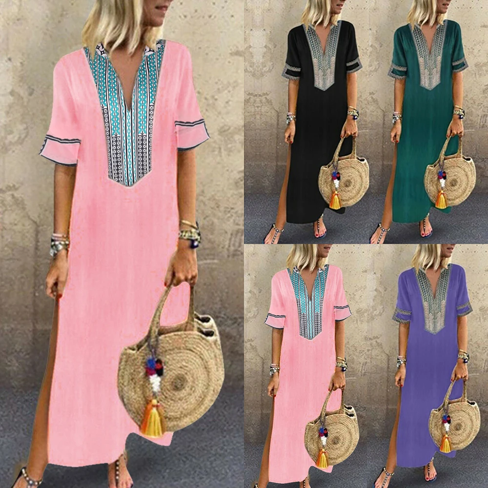 Женское платье с коротким рукавом HEFLASHOR повседневное однотонное v-образным