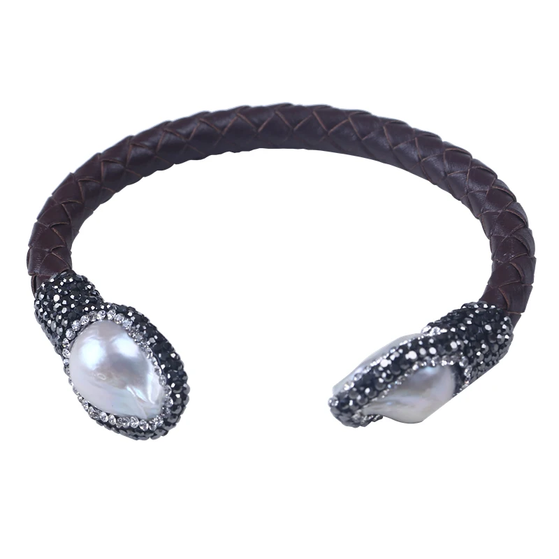 Мода жемчужный браслет из кожи с кристаллами и белым жемчугом keshi керамический