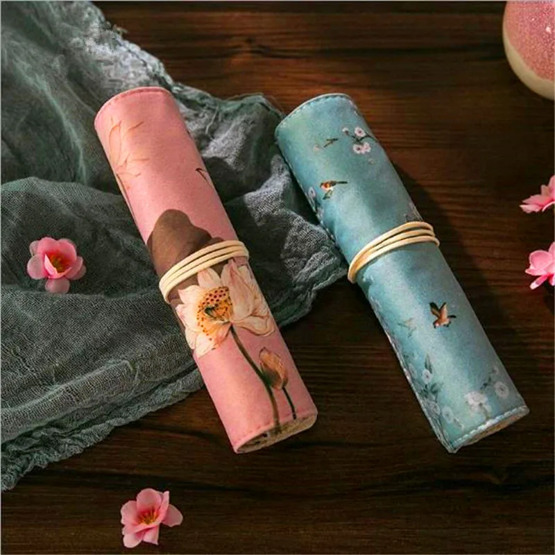 Новинка, Модный китайский цветочный чехол для макияжа, школьная Холщовая Сумка в рулоне, ящик для хранения кистей для макияжа, Литературная Милая стильная сумка