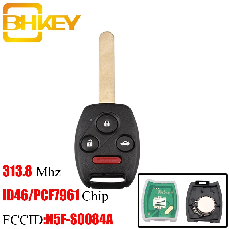 

BHKEY 3+1Buttons 313.8Mhz Remote Car key For Honda Civic EX Si 2006-2011 ID46/PCF7961 Chip For Honda N5F-S0084-A Car keys