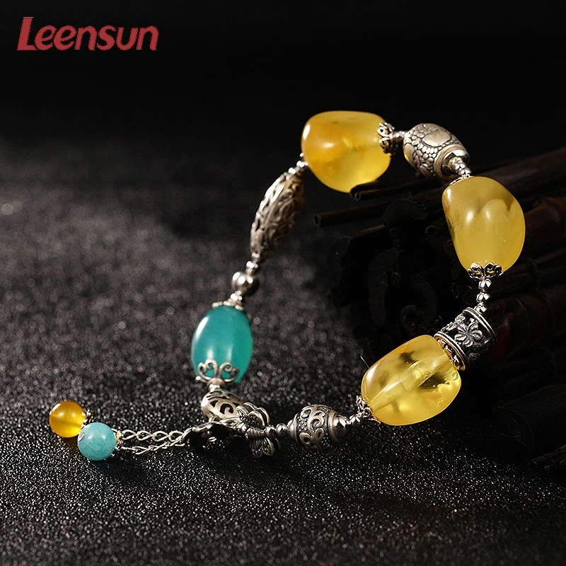 Leensun ювелирные изделия ручной работы из стерлингового серебра 925 пробы с янтарным