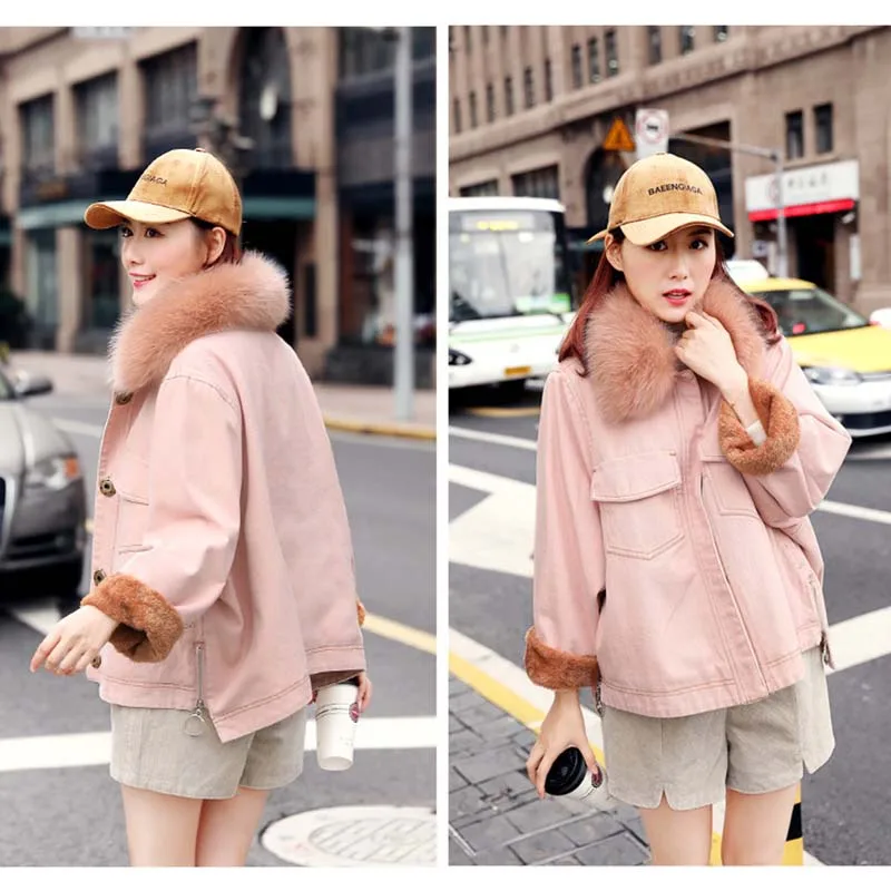 QAZXSW Spring Autumn Women Denim Jacket Plus Size Thick Jeans Coat Fur Collar Bomber Harajuku Casaco Feminino HB546 | Женская одежда