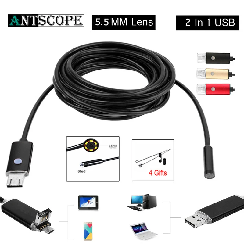 Красный эндоскоп 8 мм Объектив USB Эндоскоп Android 2 М 5 10 OTG PC Endoscopio Мини Камеры
