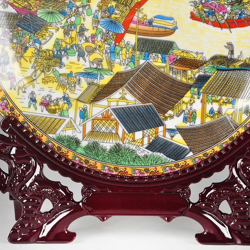 

10inch New Chinese Style Home Arrangement Creative Color Qingming Shanghe Map Decor Round Plate Ceramic Art Living Room Ornament