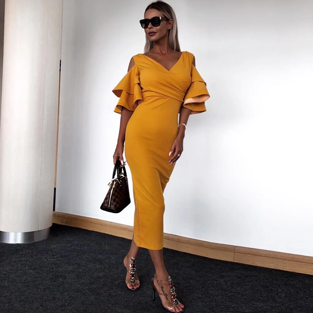 Элегантное женское платье Летнее vestidos Verano знаменитости вечерние Вечеринка wrap платья Желтый Красный оборки Бабочка Половина рукава миди платье
