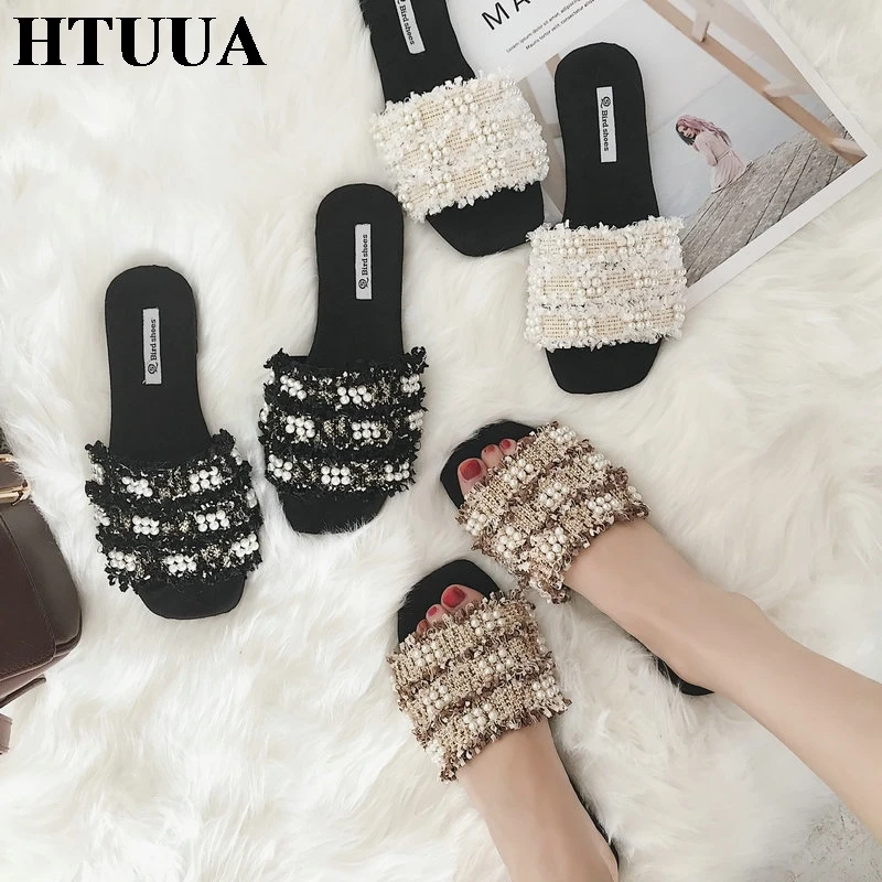 HTUUA/Брендовые женские шлепанцы сезон лето ручной работы на плоской подошве с