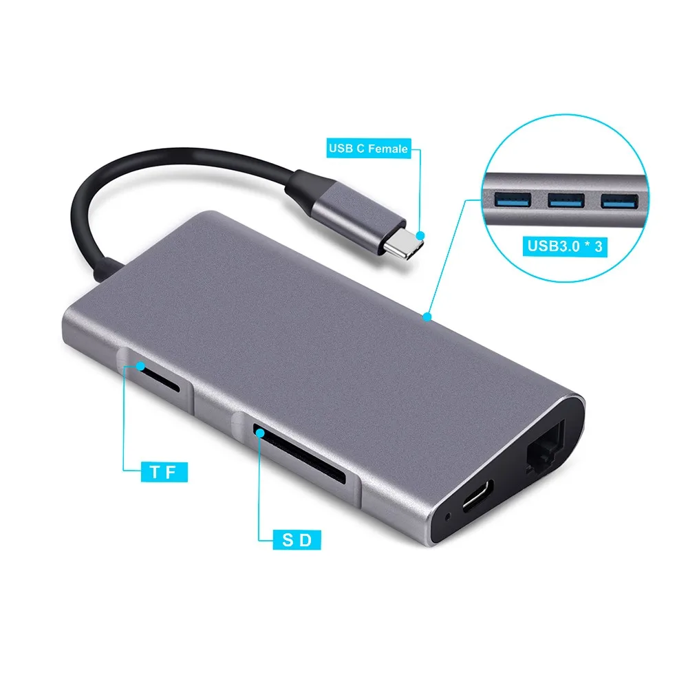 Адаптер usb Type C многопортовый адаптер HDMI выход Gigabit Ethernet SD/TF+ Micro SD карты порты 3 usb порта для MacBook samsung