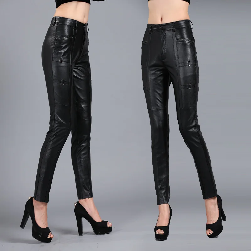 Leather Pencil Pants Women's Autumn Winter Brand Sheepskin Pencil Pants Show Slim Genuine Leather Pants Large Size Capris 5XL