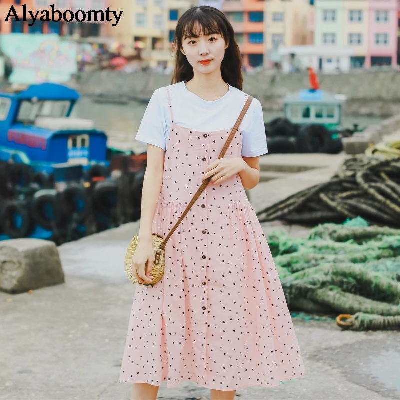 Элегантный дизайн летнее женское платье 2 шт. розовое на подтяжках с принтом