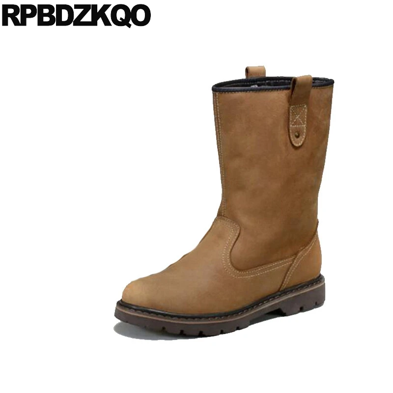 

Runway Boots Italian Designer Slip On Fall Mid Calf Short Full Grain Brown Autumn Durable Genuine Leather Fashion Men's Shoes