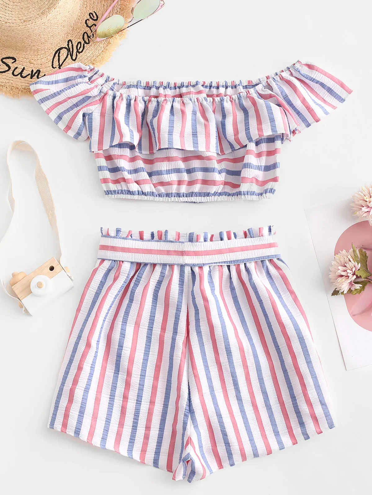 Женский комплект из двух предметов в полоску с открытыми плечами ZAFUL топ оборками