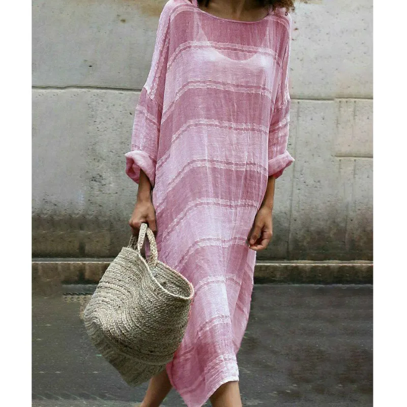 Модное женское длинное платье в полоску с рукавом на запястье повседневное