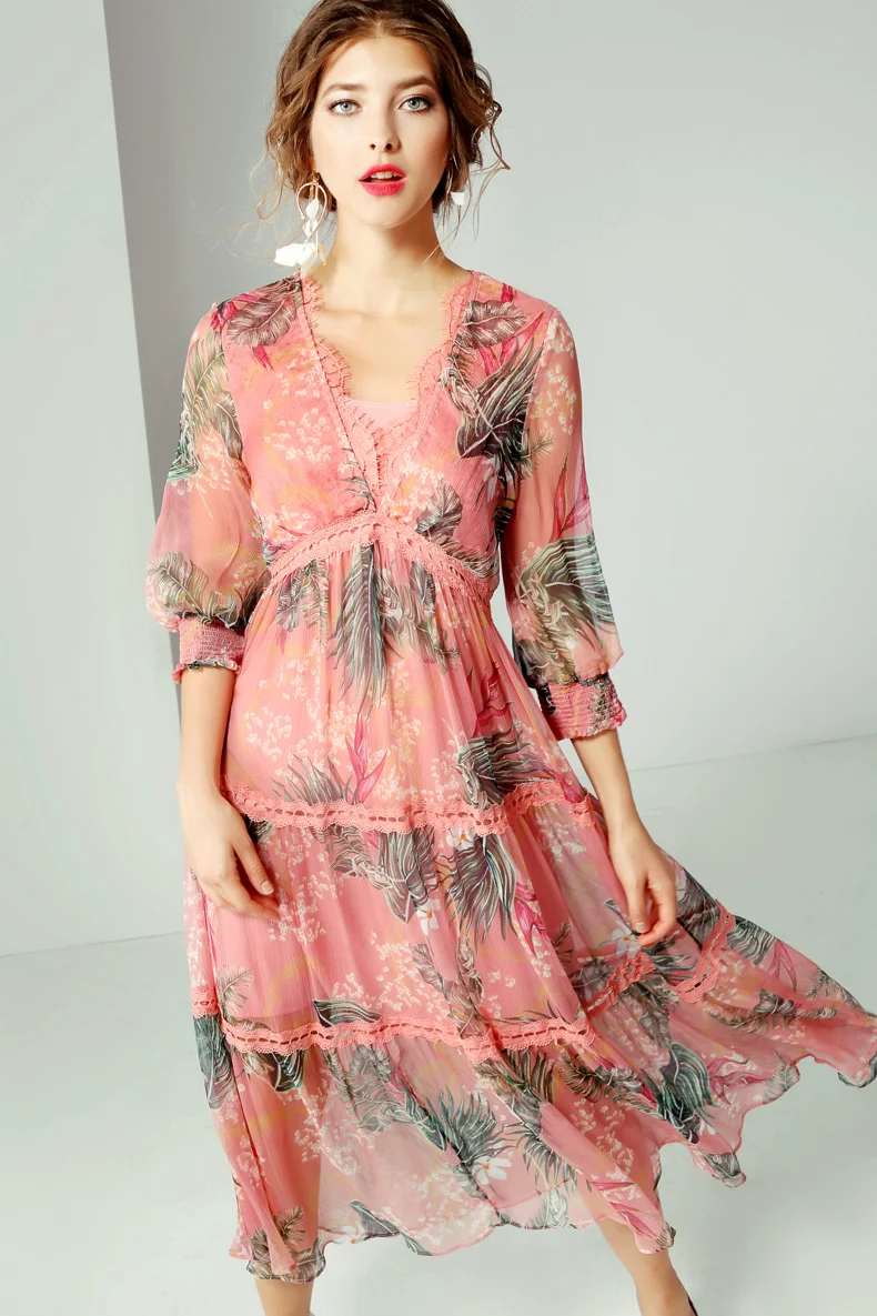 

Women's 100% Silk Dresses Sexy V Neck 3/4 Sleeves Tiered Ruffles Floral Printed Fashion Natural Silk Summer Dresses