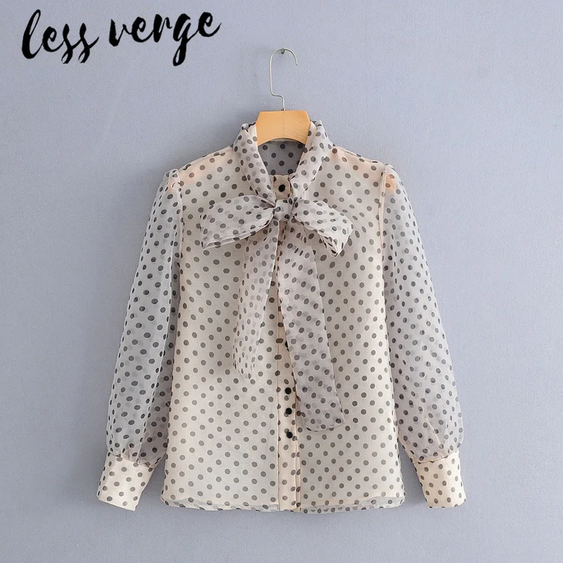 Lessverge в горошек прозрачные женские топы и блузки винтажный шифон на шнуровке