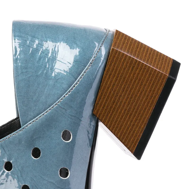 

Women Cow Leather High Heels Blue Square toe Lace Up Spring Summer Pumps Lace Up Genuine Leather Shoes Woman Footwear Shoes