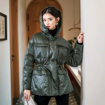Dark green Ретро мода, завязанная Талия, зимняя куртка, 90% белый утиный пух, женский пуховик с капюшоном, новинка, женское пуховое пальто с 4 карманами - Цвет: Dark green