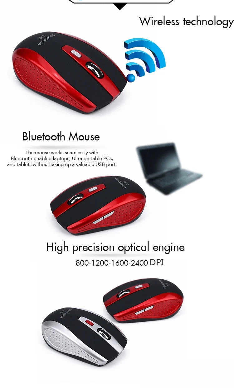 Портативная беспроводная смарт-мышь с bluetooth, 6 кнопок, 800-2400 dpi, игровая мышь для ПК, ноутбука/настольного компьютера, домашнего офиса, серебристого/красного цвета