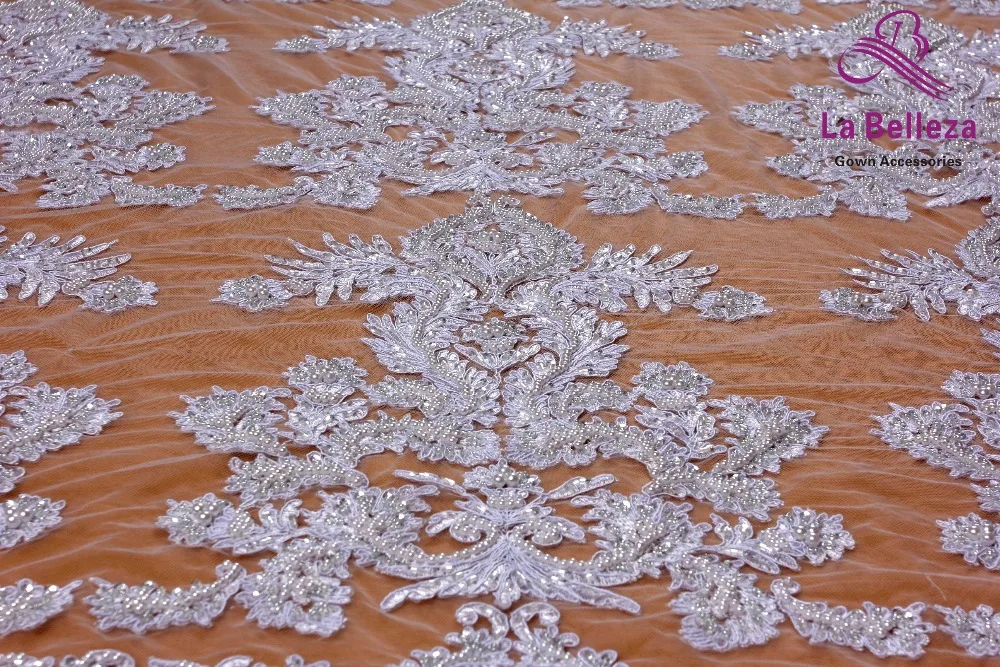La Belleza pure white large pattern cord lace fabric heavy beaded fabric handmade beading lace gown lace fabric 1 yard