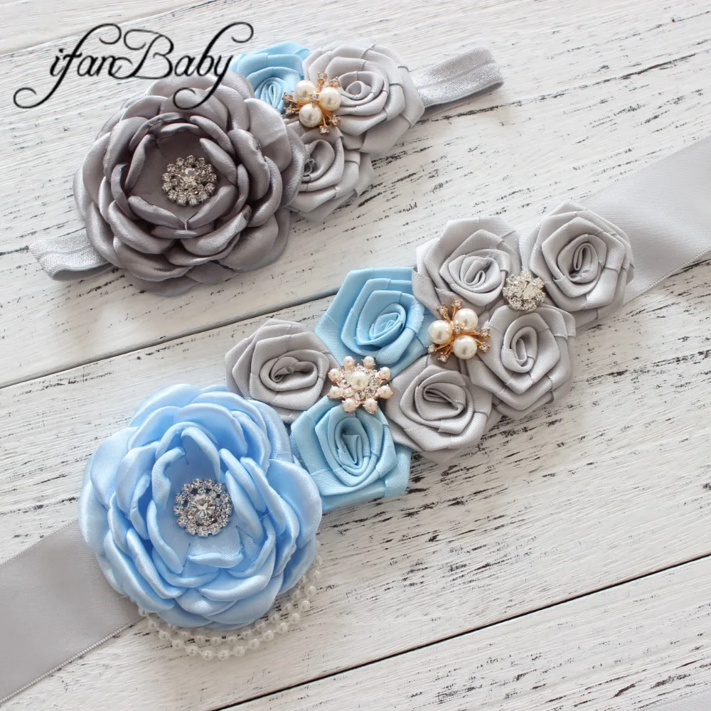 Grey/Blue women belt girl flower sash wedding Sash matching Rose burn fabric headband 1 SET | Аксессуары для одежды