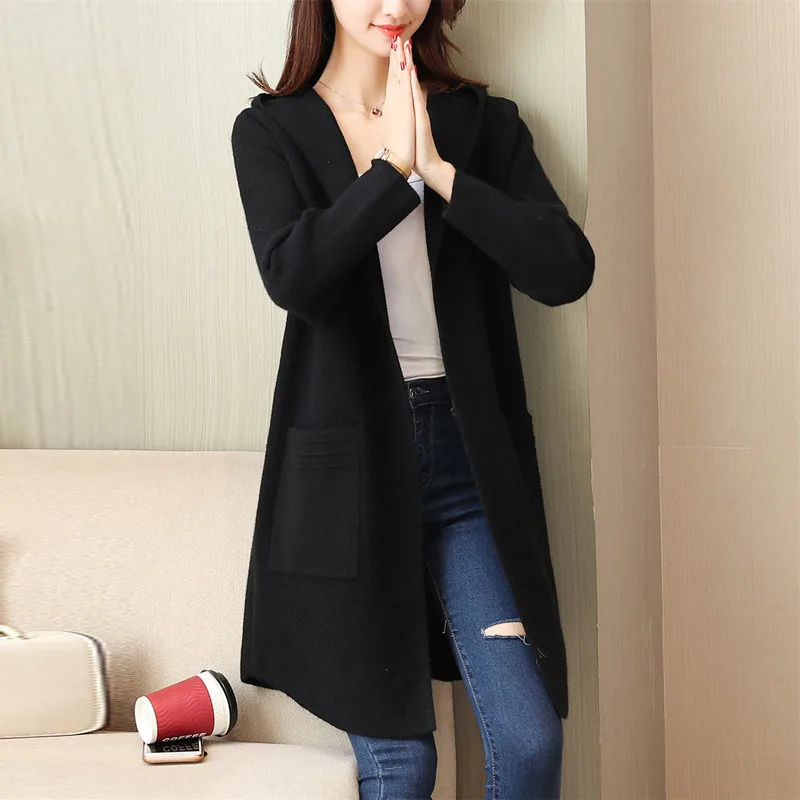 

2018 Autumn Cardigan With Pockets Women's Clothing Soft and Comfortable Coat Knitted Hooded Long Cardigan Female Sweater Jacket