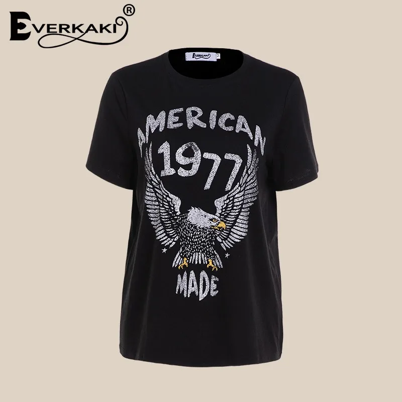 black Everkaki, хлопок, 1977, Винтажная Футболка для женщин, Орел, узор, Повседневная футболка, футболки и топы, Ретро стиль, в стиле панк, бохо, женская футболка, лето - Цвет: black