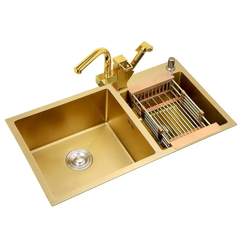 304Stainless Steel Kitchen Sinks Gold Hand-thickened 4mm Double Bowl with tap Above Counter Nano-coating Vegetable Washing | Обустройство