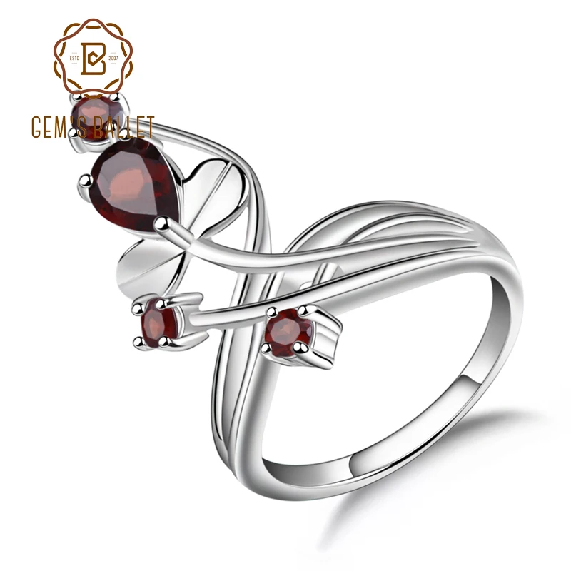 Gem's Ballet 1.3Ct натуральный красный гранат драгоценный камень кольцо Твердые 925 пробы Серебряный цветок кольцо для женщин Свадебные ювелирные изделия