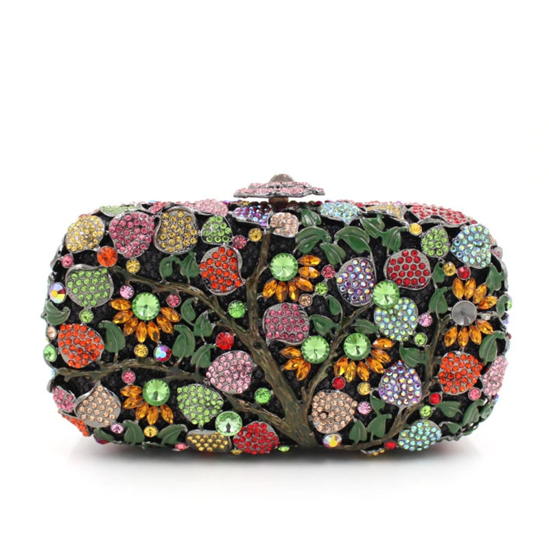 

Designer Black Metal Clutch Bags High Quality Mul-Colored Crystal Tree Shape Clutch Purse Evening Bag Clutches Women Handbags