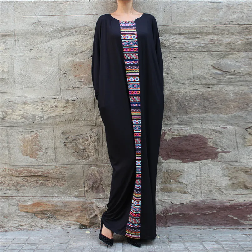 Длинное платье макси с принтом в Дубае черное рукавами летучая мышь большие